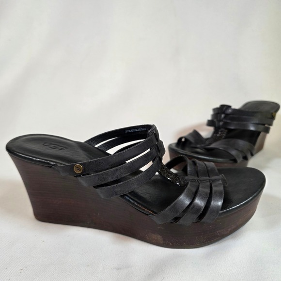 UGG Shoes - UGG Mattie Wedge Sandal Black Leather Strappy‎ Wood Platform Womens 7.5